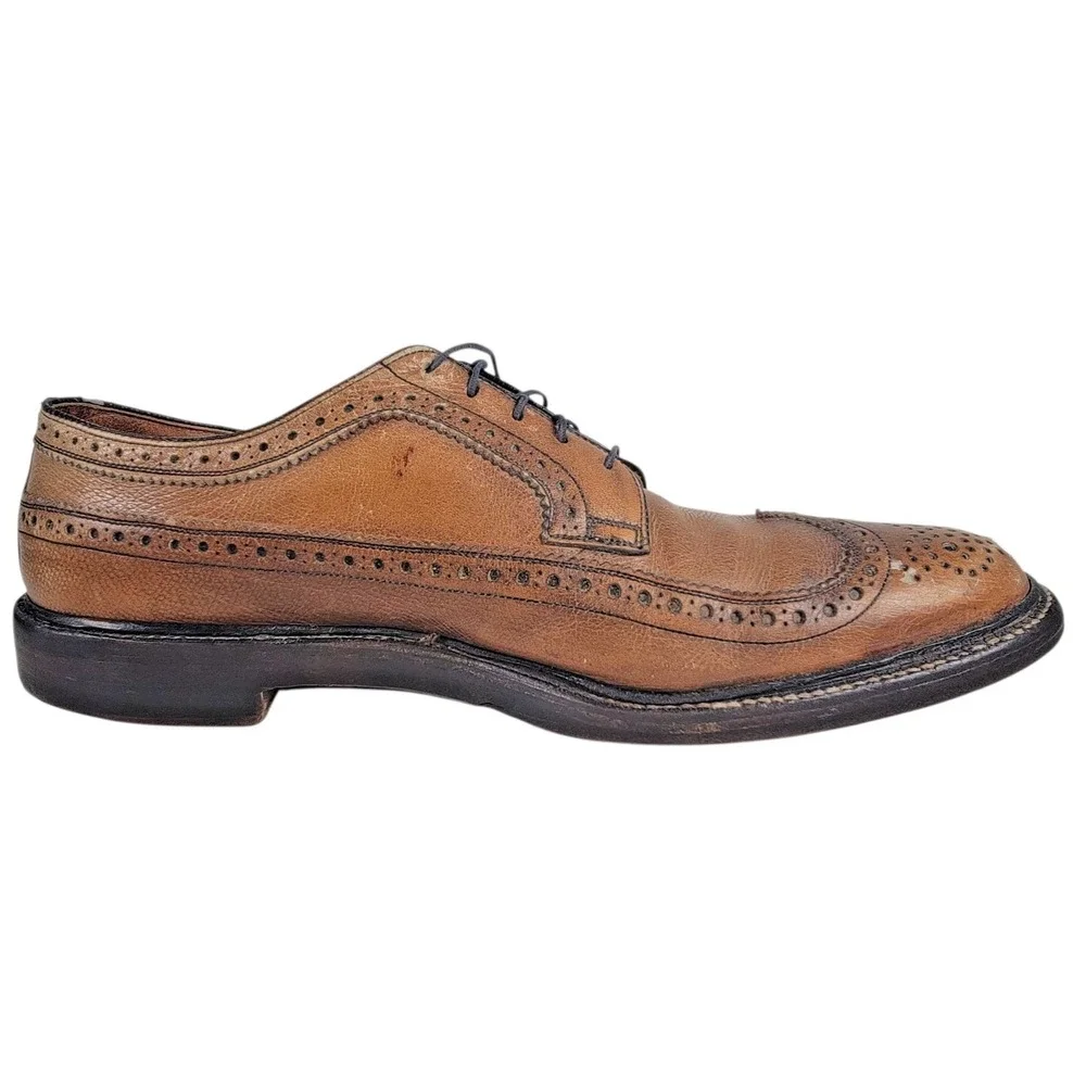 Vintage Nunn Bush Men's Tan Leather Wingtip Brogue V Cleat Oxford Shoes 11.5 C